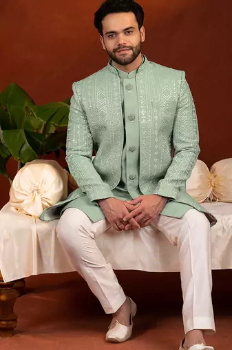 Pista green open jacket with kurta set