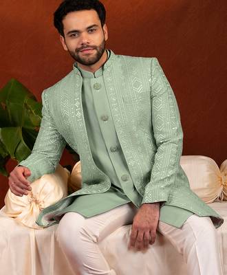 Pista green open jacket with kurta set 5