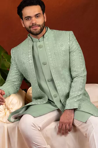 Pista green open jacket with kurta set