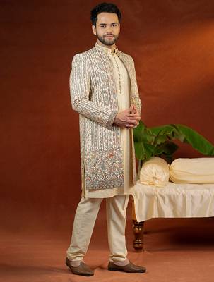 Cream heavy embroidered front open sleeveless jacket kurta set 3
