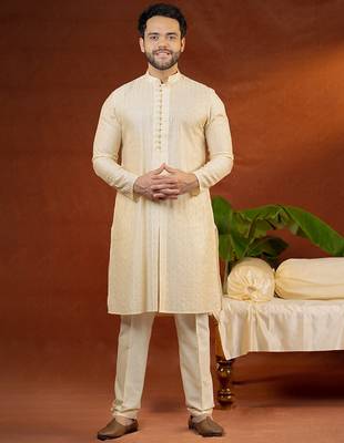 Cream heavy embroidered front open sleeveless jacket kurta set 4