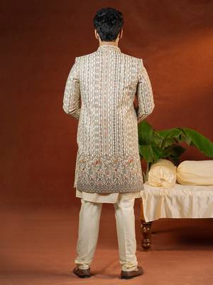 Cream heavy embroidered front open sleeveless jacket kurta set 5
