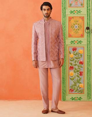 Onion pink front open jacket with short kurta set 1