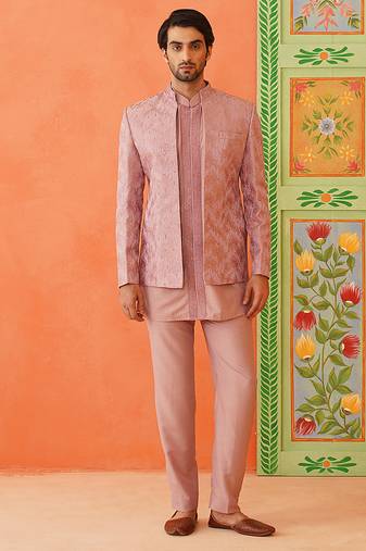 Onion pink front open jacket with short kurta set
