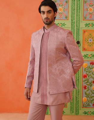 Onion pink front open jacket with short kurta set 2