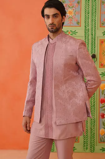 Onion pink front open jacket with short kurta set