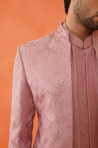 Onion pink front open jacket with short kurta set