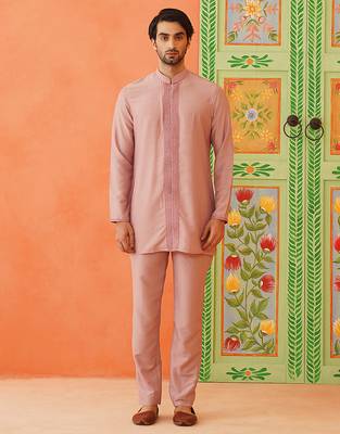 Onion pink front open jacket with short kurta set 4