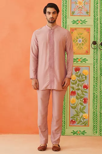 Onion pink front open jacket with short kurta set