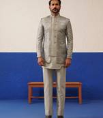 Greyish brown jacquard textured indo and kurta set