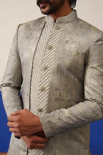 Greyish brown jacquard textured indo and kurta set