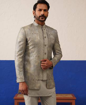 Greyish brown jacquard textured indo and kurta set 3