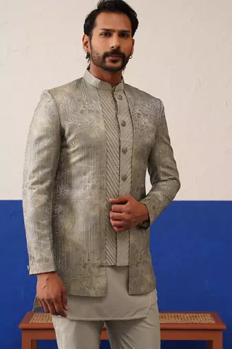 Greyish brown jacquard textured indo and kurta set