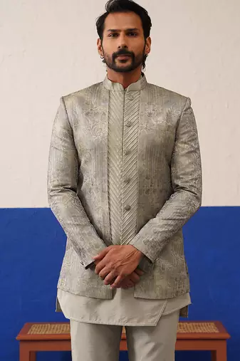 Greyish brown jacquard textured indo and kurta set