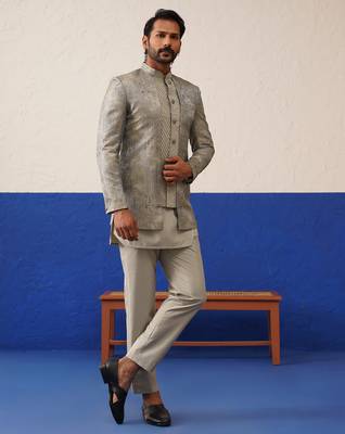 Greyish brown jacquard textured indo and kurta set 5