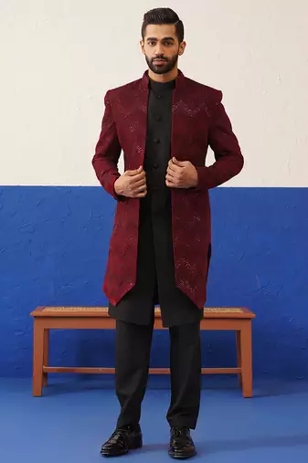 Red velvet with black handwork indo set