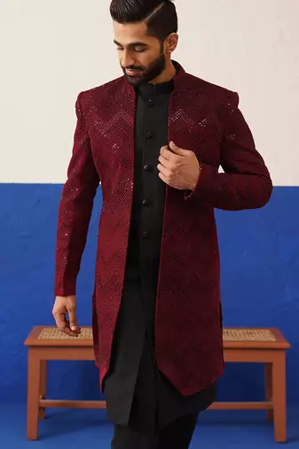 Red velvet with black handwork indo set