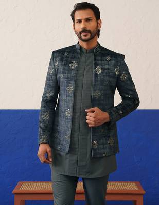 Blue velvet fabric with butta embroidery indo set 2