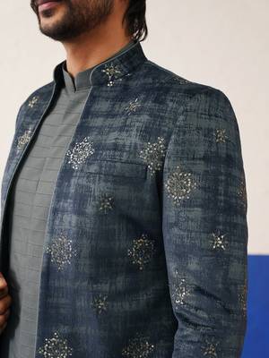 Blue velvet fabric with butta embroidery indo set 3