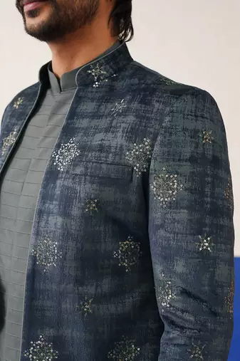 Blue velvet fabric with butta embroidery indo set