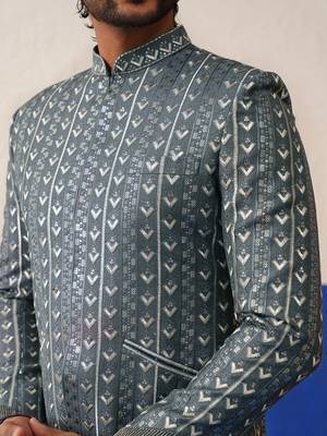 Geometric embroidered short jacket with pleated kurta set 3