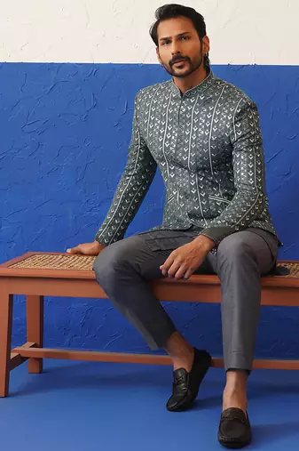 Geometric embroidered short jacket with pleated kurta set