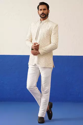 Mohit hiranandani in beige embroidery indo set
