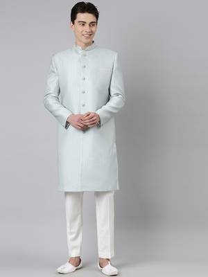 Powder green jacquard achkan 1