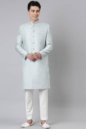Powder green jacquard achkan