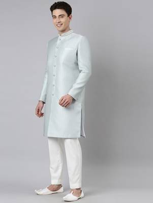 Powder green jacquard achkan 2