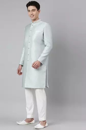 Powder green jacquard achkan