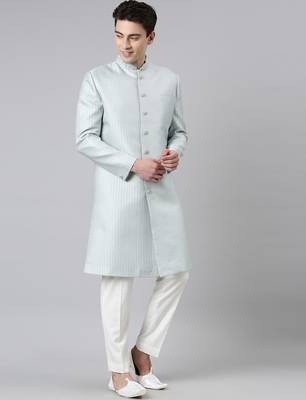 Powder green jacquard achkan 3