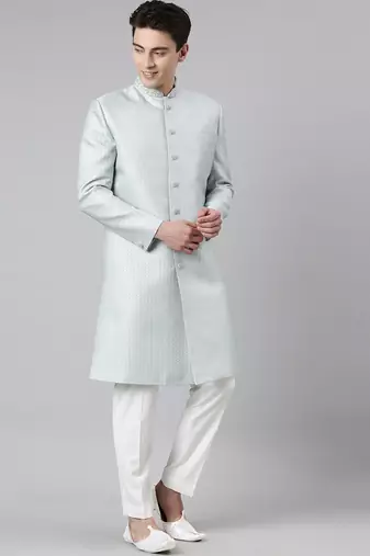 Powder green jacquard achkan