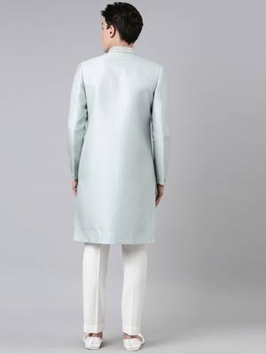 Powder green jacquard achkan 4