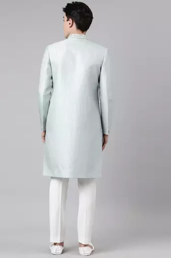 Powder green jacquard achkan