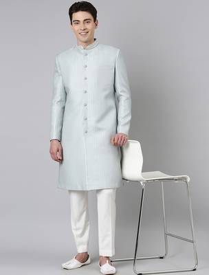 Powder green jacquard achkan 5