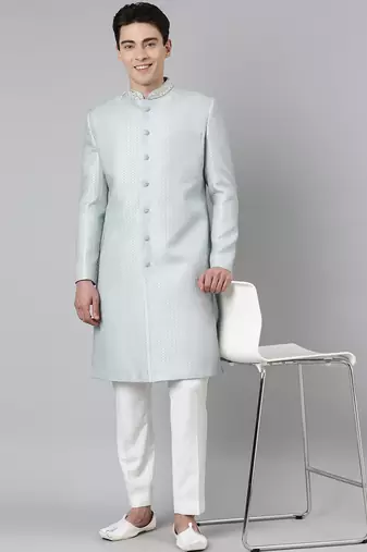 Powder green jacquard achkan