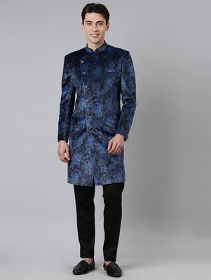 Blue printed velvet angrakha indowestern 1