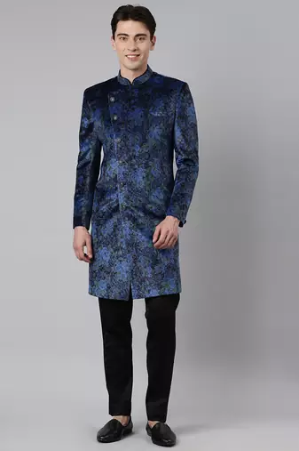 Blue printed velvet angrakha indowestern