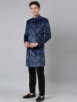 Blue printed velvet angrakha indowestern 3