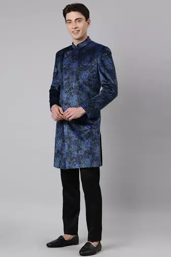 Blue printed velvet angrakha indowestern