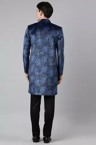 Blue printed velvet angrakha indowestern