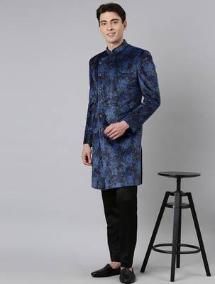 Blue printed velvet angrakha indowestern 5