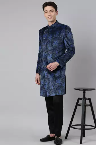 Blue printed velvet angrakha indowestern