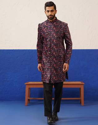 Black printed velvet angrakha indowestern set 1