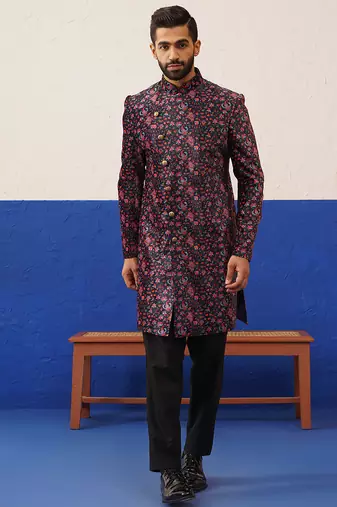 Black printed velvet angrakha indowestern set