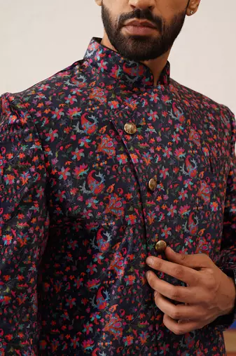 Black printed velvet angrakha indowestern set