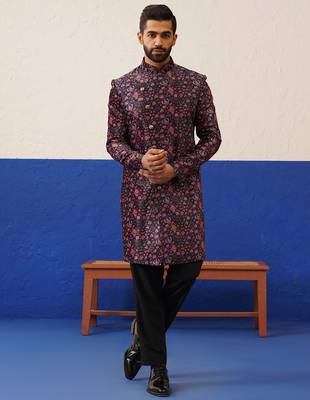 Black printed velvet angrakha indowestern set 3