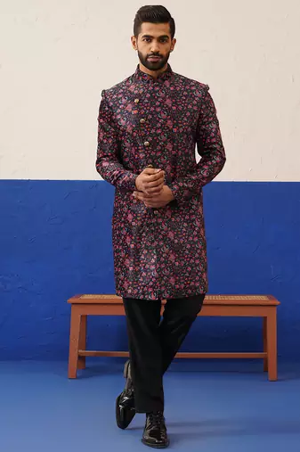 Black printed velvet angrakha indowestern set