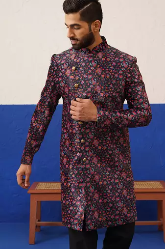 Black printed velvet angrakha indowestern set